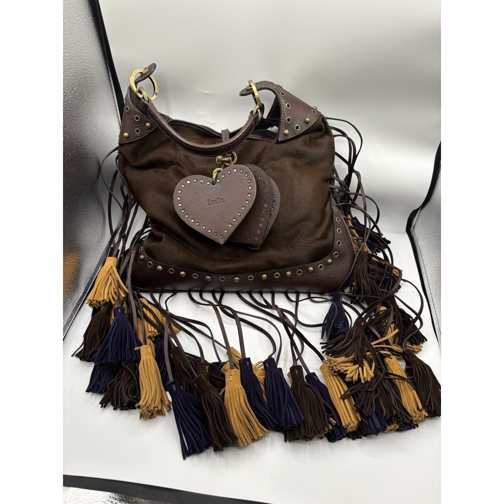 Brown Fringe Shoulder Bag with Heart Charm